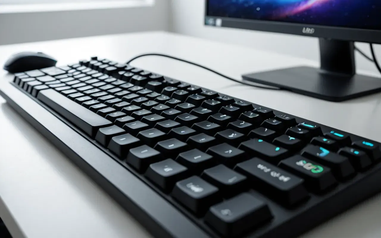 A close-up of a modern gaming keyboard with RGB lighting on a clean white desk surface under soft diffused natural light.