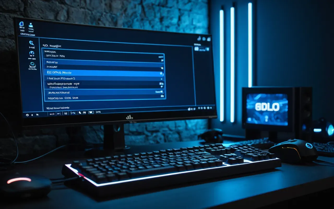 A close up of a modern gaming setup with a high refresh rate monitor showing a first person shooter gameplay scene. The room is dimly lit by blue LED strips and the keyboard has white backlighting.