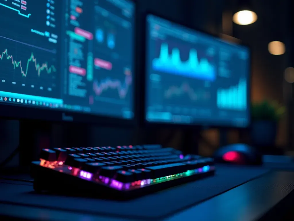 A close-up of a modern gaming setup with dual monitors glowing in dark blue light showing complex data graphs and a mechanical keyboard with RGB backlighting reflecting on a glass desk surface.