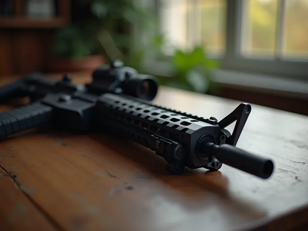 tactical weapon setup A close up of a modern tactical rifle resting on a wooden table with soft studio lighting and a blurred background showing no text or logos