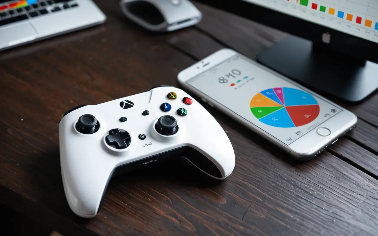 A close-up of a modern white game controller with black accents resting on a dark wooden desk next to a smartphone displaying colorful graphs and charts in bright blue and green tones under soft studio lighting.