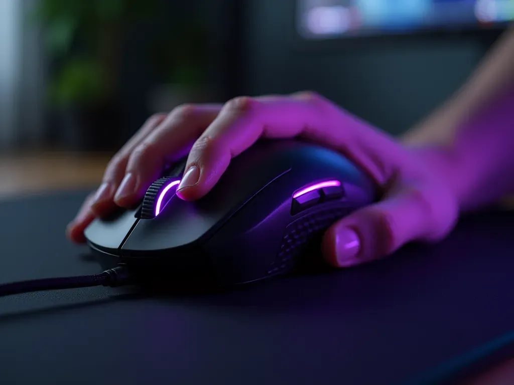 A close up of a person's hand holding a gaming mouse with ergonomic design and purple lighting effects and no visible brand logos or text on the device