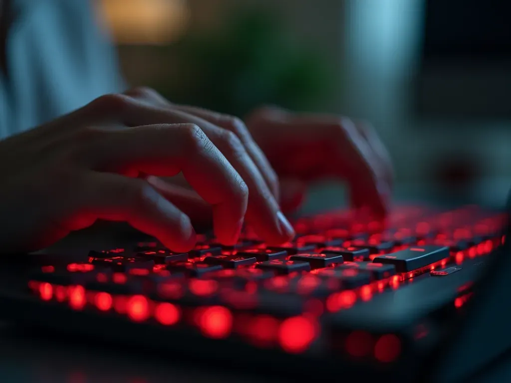 A close up of hands typing rapidly on a mechanical keyboard with red backlighting and no visible text or logos on the keys