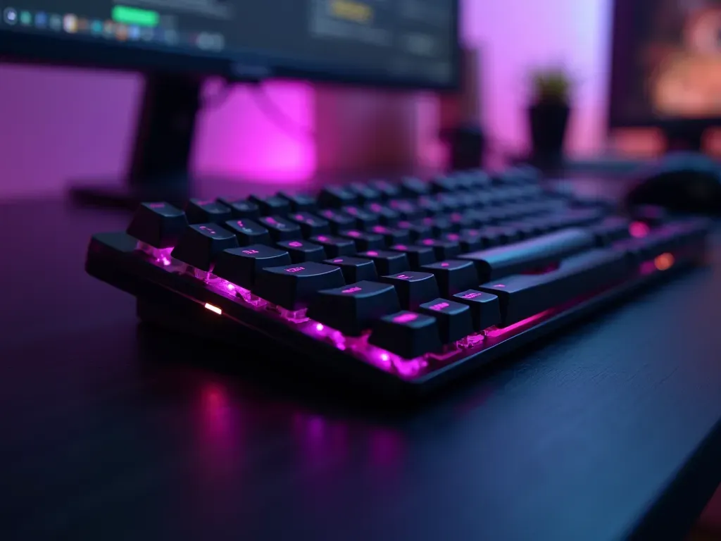 A close-up photo of a futuristic black and purple gaming keyboard with RGB lighting reflecting on a dark desk surface. The background is blurred showing a monitor with colorful abstract graphics.