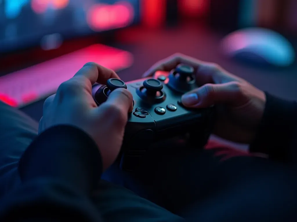 A close-up photo of a gamer's hands on a high-end black controller with RGB lighting in the background. The focus is sharp on the thumbs pressing buttons, suggesting intense gameplay concentration.