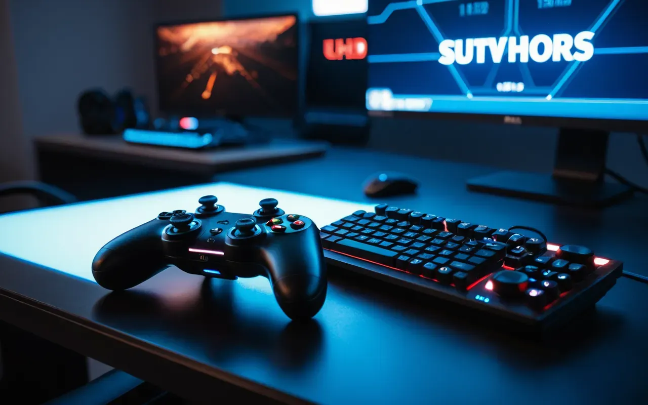 A close-up photo of a gaming controller resting on a modern desk next to a glowing monitor displaying a futuristic drone interface with blue lighting accents and no text visible anywhere in the frame.
