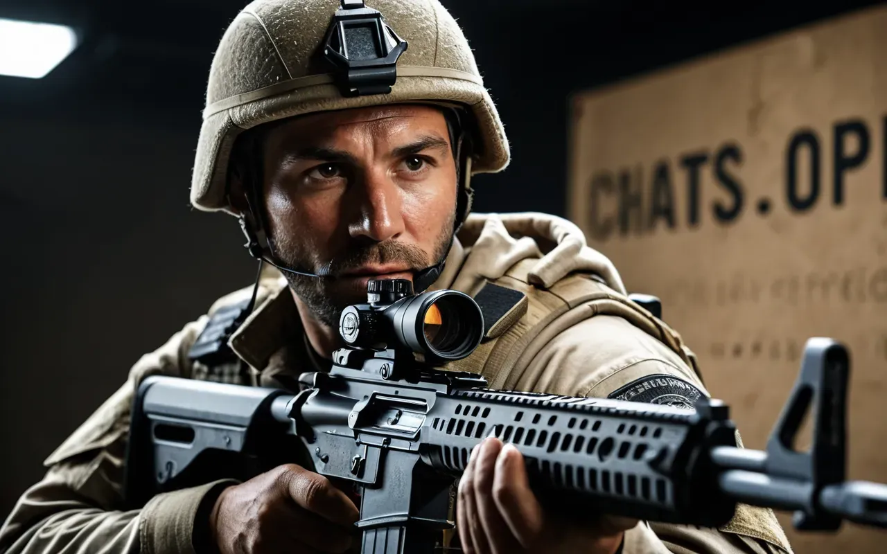 A close-up photo of a tactical operator holding a rifle near the face with a neutral expression and soft studio lighting highlighting fabric textures without any visible text or logos