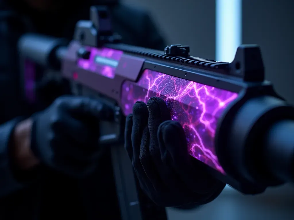 A close-up photo-realistic image of a futuristic assault rifle with glowing purple nebula patterns on its barrel held by gloved hands in a dark room illuminated only by the weapon's light.