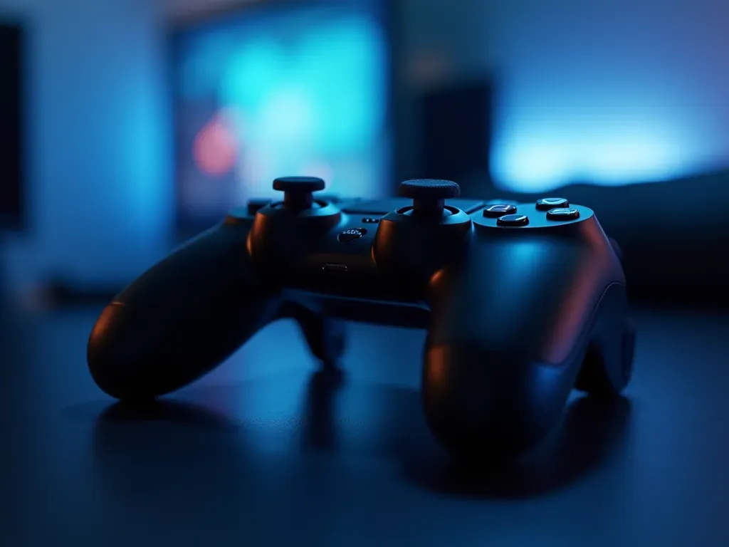 A close-up shot of a gaming controller resting on a dark surface with soft blue ambient lighting in the background and blurred lights suggesting a high-tech room.