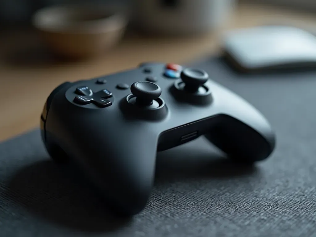 call of duty camo tracker A close up shot of a modern gaming controller resting on a textured gray desk mat. Soft overhead lighting creates gentle shadows around the buttons and analog sticks. The background is blurred to emphasize the device. The scene feels quiet and deliberate with no visible branding or text.