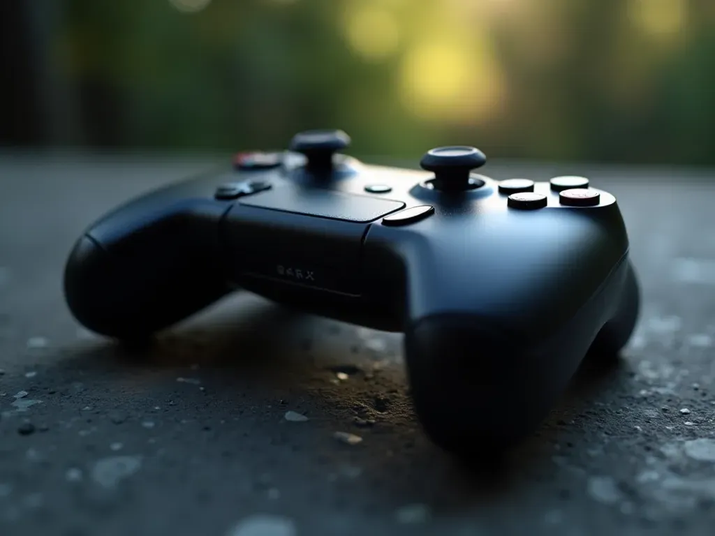 A close up shot of a modern gaming controller resting on a textured surface with soft directional lighting highlighting the buttons and analog sticks