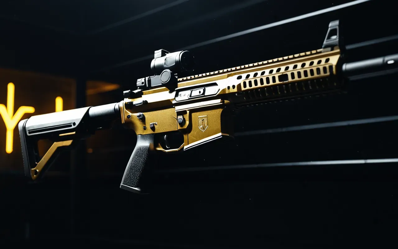 Gold Camo visual effect A close up view of a digital weapon interface glowing with bright golden particles against a dark background showing the silhouette of an assault rifle in a futuristic lab setting.