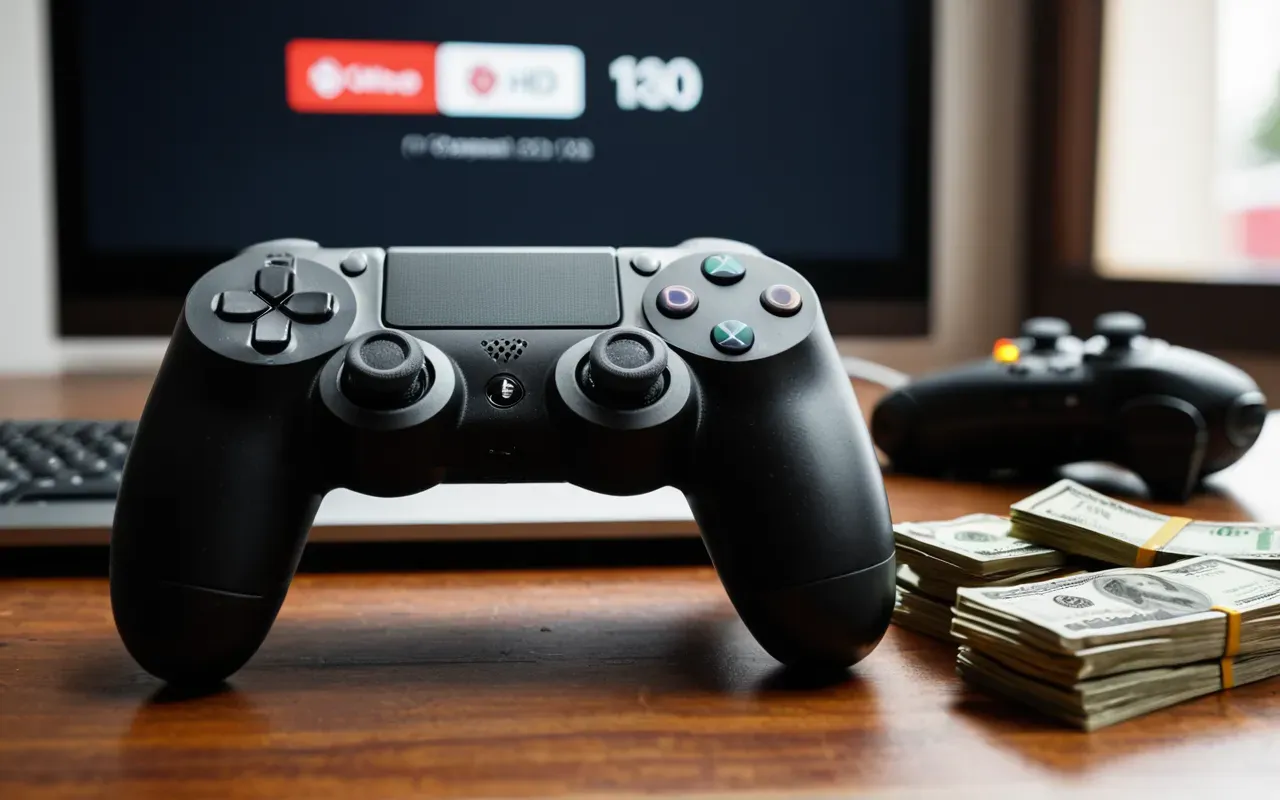 A close-up view of a modern game controller resting on a wooden desk next to a stack of cash and a smartphone displaying a generic store interface with blurred buttons. The lighting is warm and focused, highlighting the texture of the plastic grips and the crisp edges of the bills.