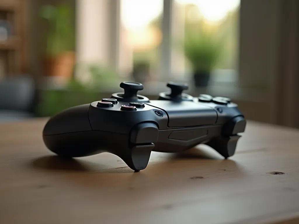 A close up view of a modern handheld game controller with worn grips resting on a wooden table next to a blurred background showing soft natural light from a nearby window.
