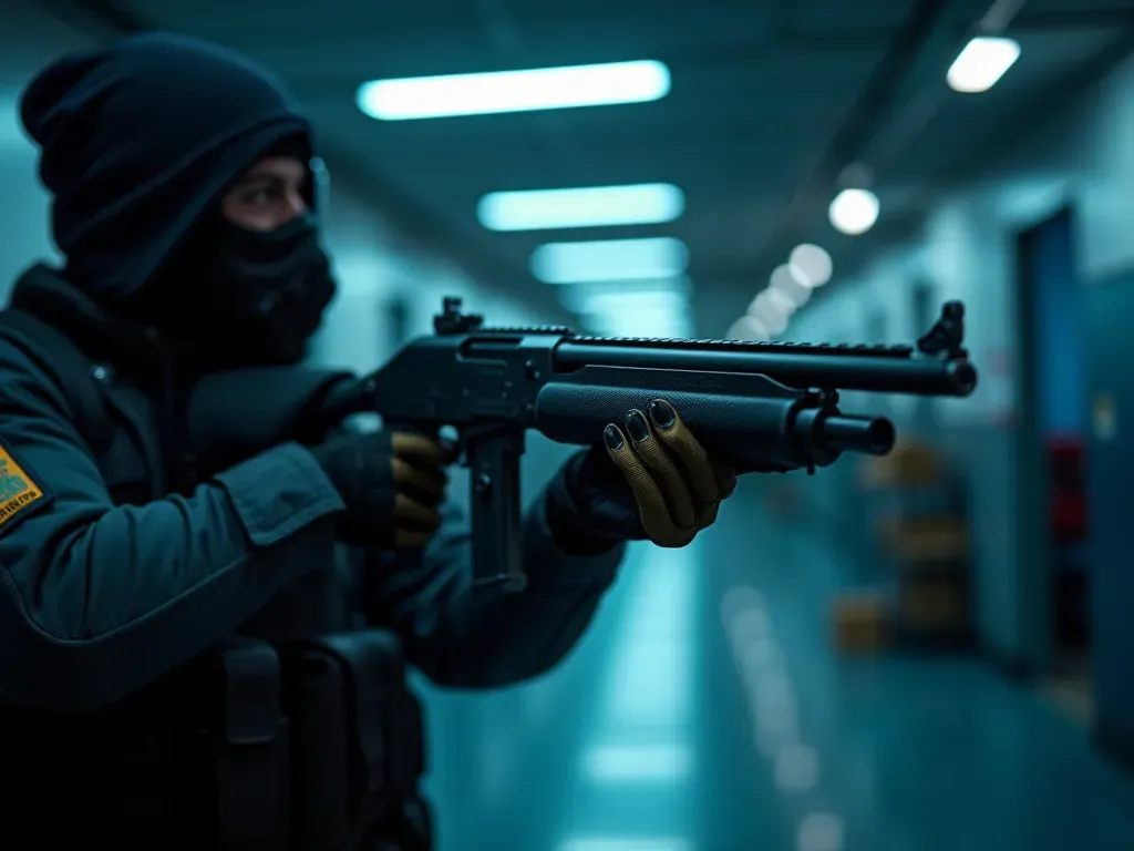 A close up view of a tactical shotgun held by a gloved hand in a dimly lit modern training facility with soft blue ambient lighting and blurred background equipment.