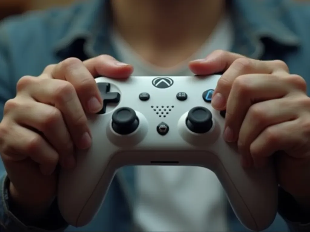 A close up view of hands gripping a white gaming controller with focused lighting highlighting the buttons and texture.