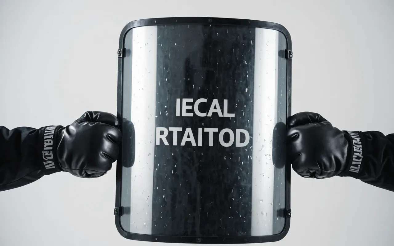 A close up view of two gloved hands holding a large translucent polymer riot shield with visible scuff marks and scratches under bright white studio lighting on a dark background.