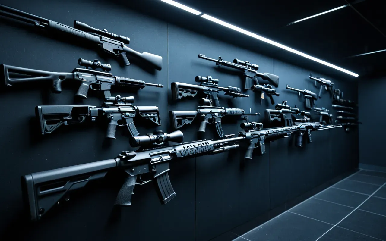 A collection of various futuristic rifle silhouettes arranged in a row on a dark background with soft blue lighting highlighting their distinct shapes and attachments.