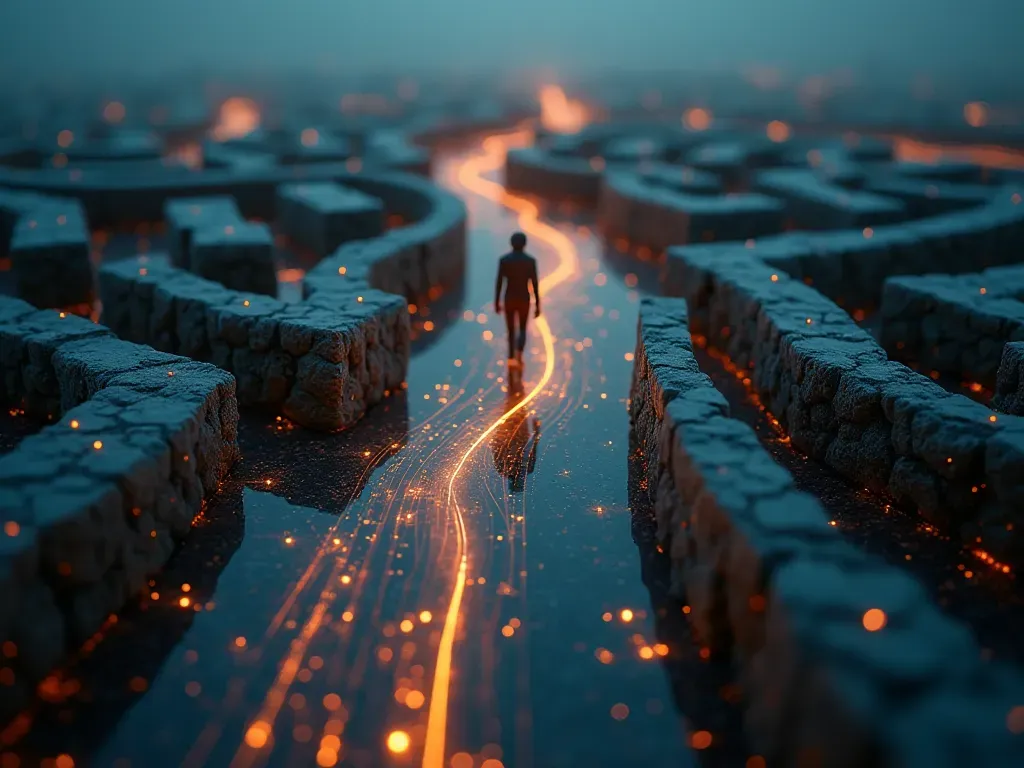 A conceptual image showing a maze made of glowing digital data streams with a small figure navigating carefully through the complex paths representing information security challenges