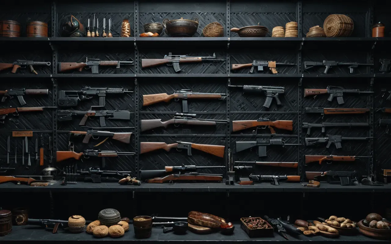 A dense grid of various weapon silhouettes in different classes arranged neatly on a dark surface with subtle lighting that emphasizes the variety and quantity.