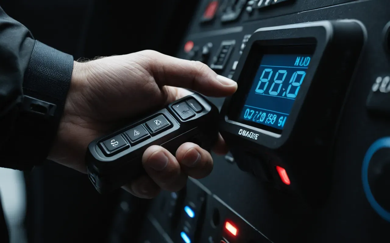 A detailed close up of a hand gripping the handle of a modern tactical device with matte black finish and subtle blue indicator lights glowing softly in the dark environment.