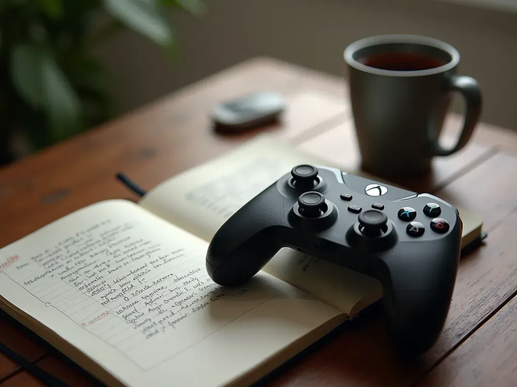A detailed overhead shot of a modern gaming controller resting on a wooden desk next to an open notebook filled with handwritten notes about game strategies.
