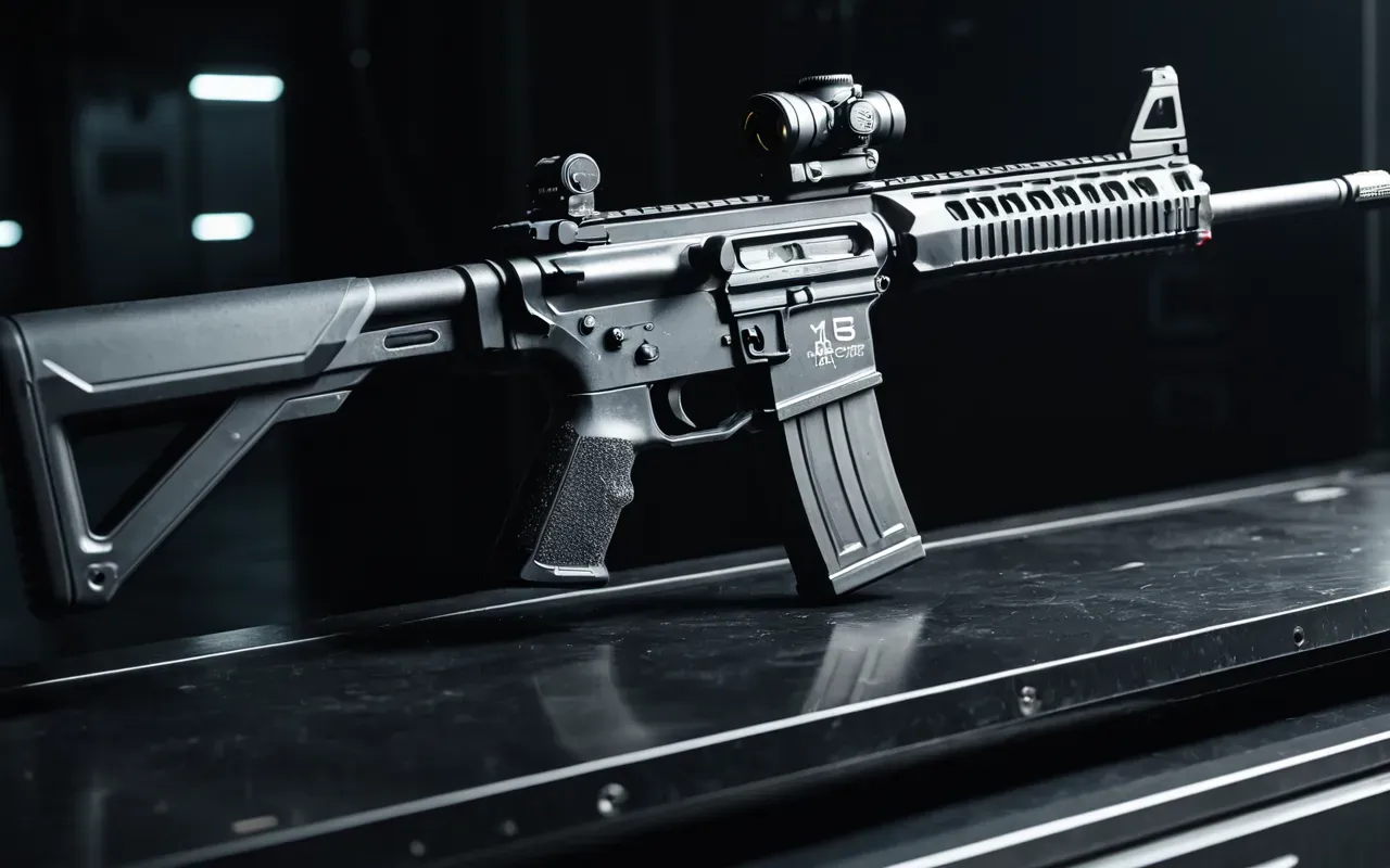 A detailed view of a futuristic assault rifle lying on a dark surface with dramatic lighting highlighting the metal texture and design details without any background elements or text