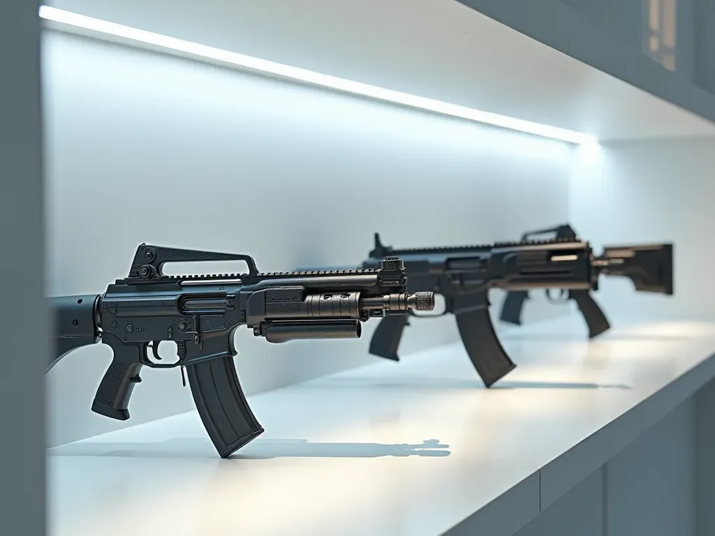 A detailed view of three different futuristic weapon skins displayed on a clean white shelf with bright studio lighting and sharp shadows showing their distinct textures.