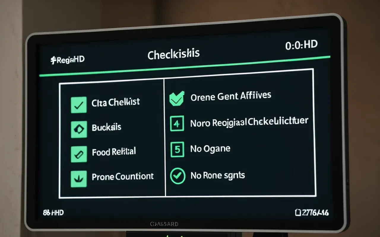 A digital interface screen showing a checklist with five green checkmarks next to drone icons and a countdown timer displaying zero seconds.