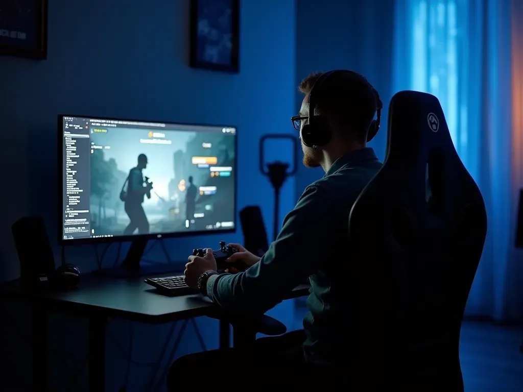 call of duty gameplay tips A dimly lit gaming setup with a single monitor displaying a tactical first person shooter interface. A player sits in a black ergonomic chair holding a controller. Soft blue ambient lighting reflects off a matte desk surface. The scene feels calm and focused with no visible text or logos.