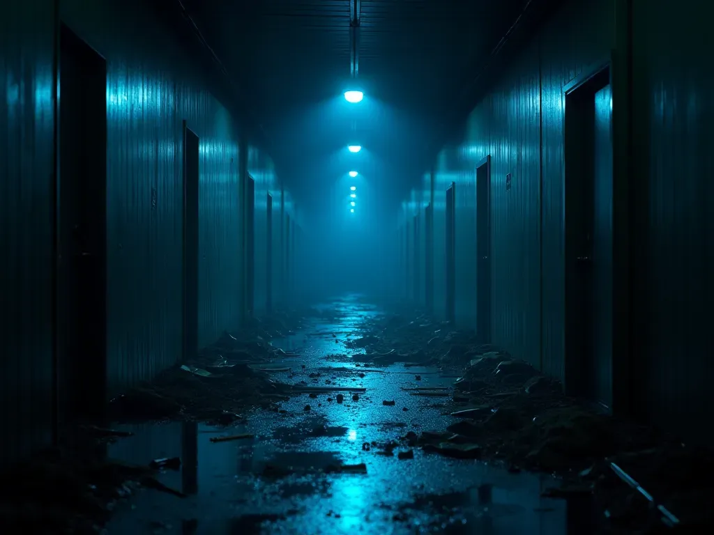 A dimly lit military corridor with scattered debris and glowing blue tactical lights highlighting the path ahead in a modern war zone setting.