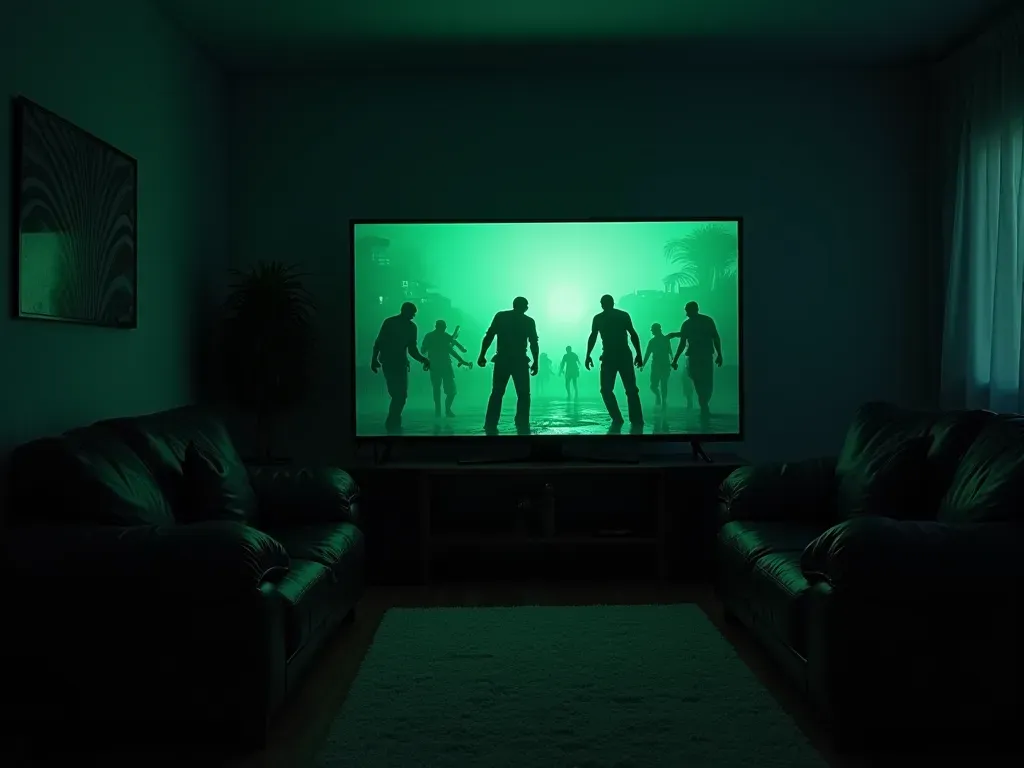 A dimly lit modern gaming room with a large monitor displaying a first-person shooter game scene where green zombie outlines are visible against dark walls.