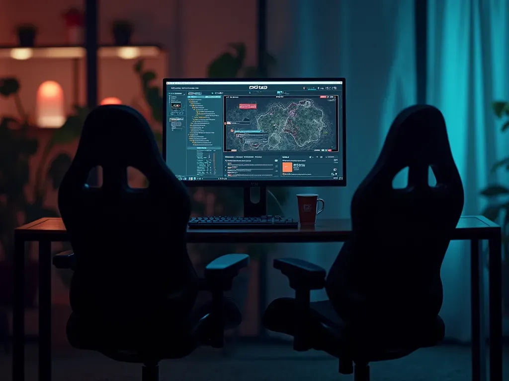 A dimly lit modern gaming setup with a single monitor displaying a dark tactical interface. Two ergonomic chairs sit near a low table holding a coffee mug and a notebook. Soft blue ambient lighting glows from behind the desk. The room feels quiet and focused.