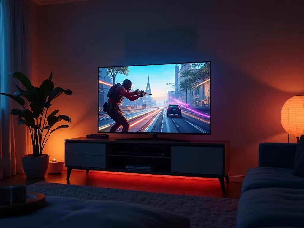 A dimly lit modern living room with a glowing television screen displaying colorful first-person shooter gameplay visuals and soft ambient lighting from the console stand creating a cozy gaming atmosphere.
