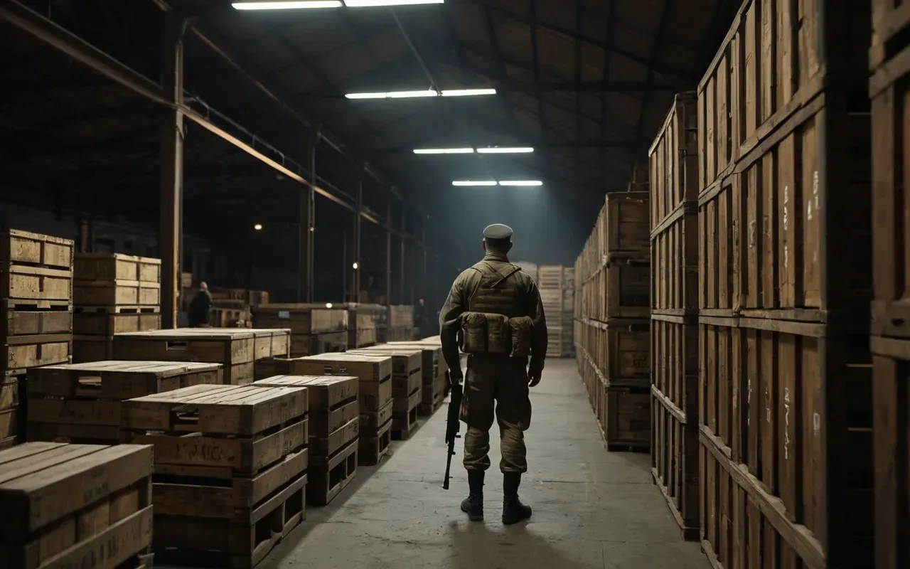 A dimly lit underground warehouse filled with wooden wine crates and industrial metal beams, featuring a single soldier holding a rifle in the center aisle.