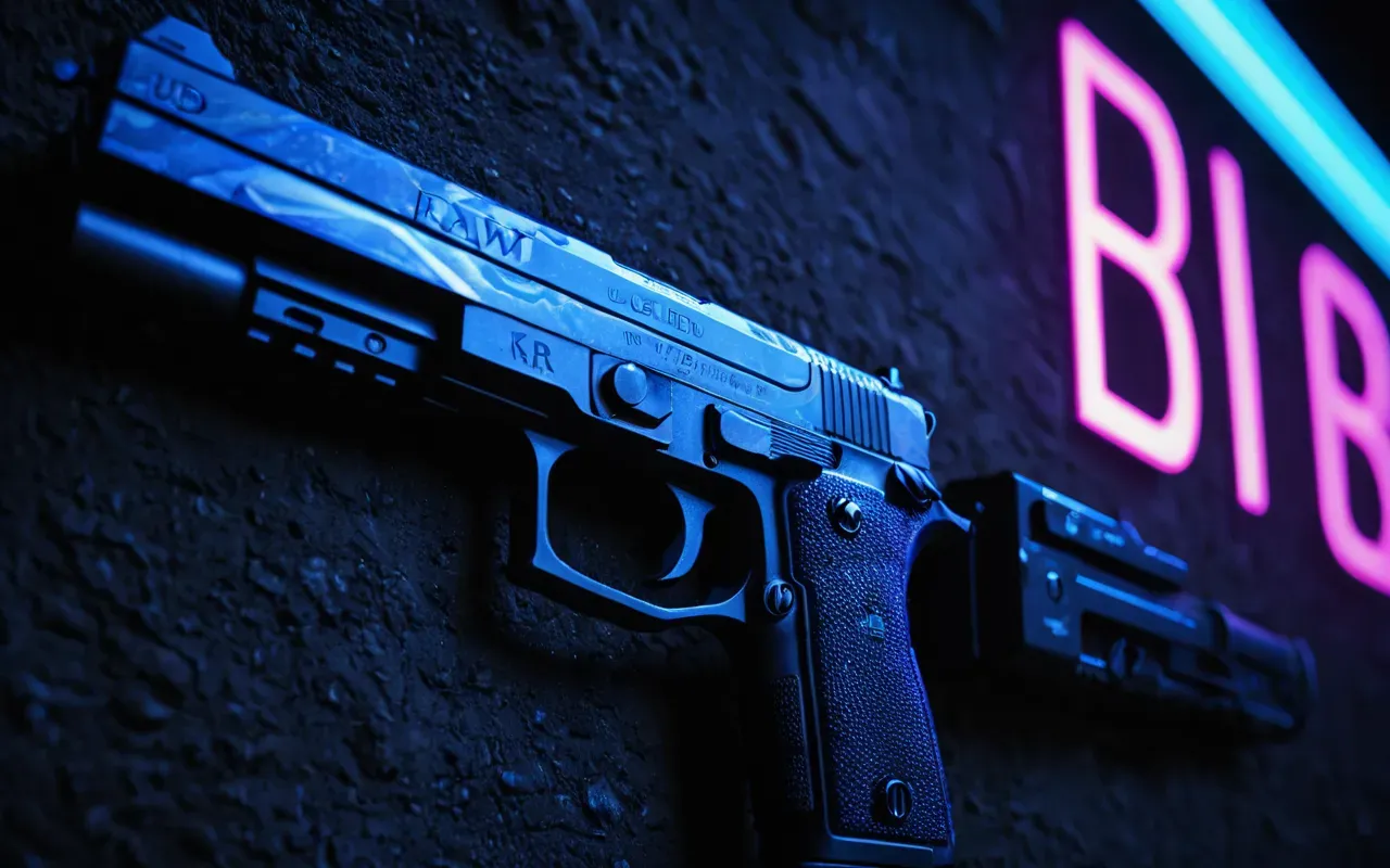 A dramatic close-up shot of a glowing digital weapon skin on a dark tactical background. The lighting is neon blue and purple with high contrast shadows emphasizing the texture details of the fictional camo pattern. No text or logos visible.