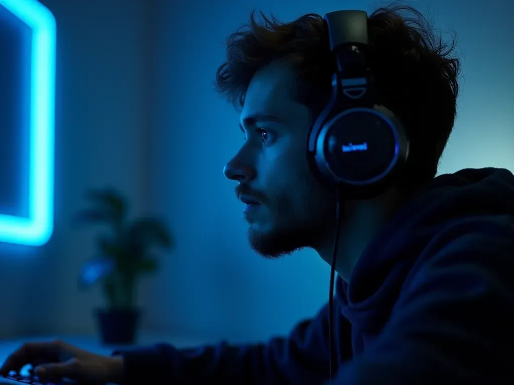 A dramatic low-angle shot of a gamer wearing headphones with intense focus on their face. Blue neon light illuminates the room from behind creating silhouettes against dark walls.
