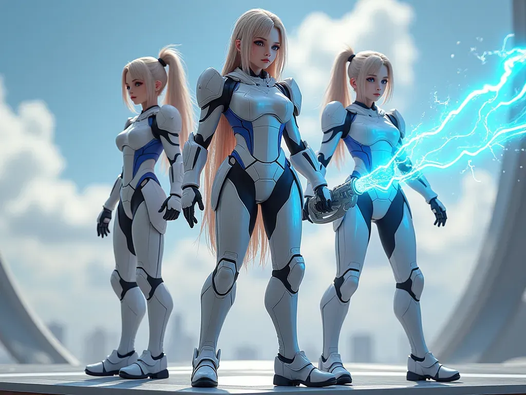 A dynamic digital illustration of three female characters in futuristic combat armor standing on a sleek modern platform. One character wields lightning effects, another has fiery accents, and the third is surrounded by geometric light constructs. The background is an abstract sci-fi void with soft lighting.