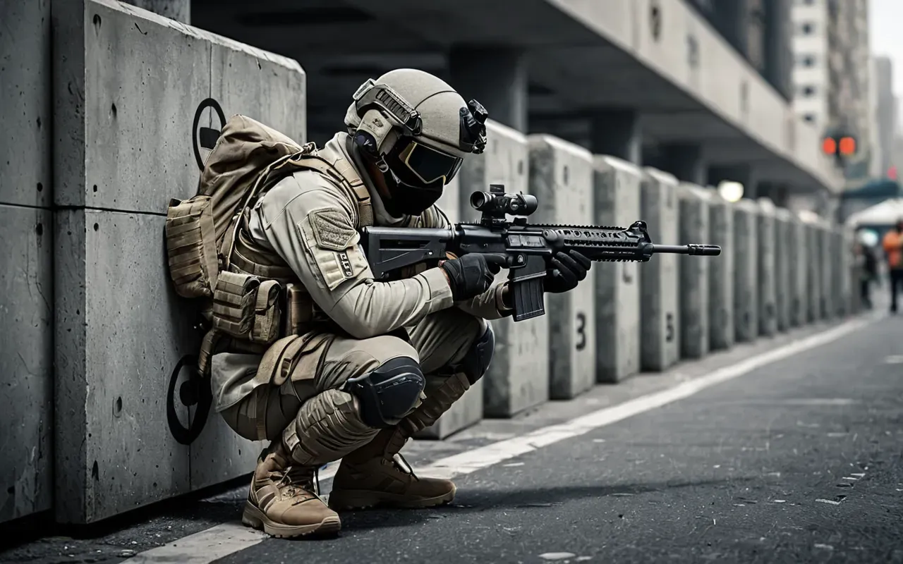 A dynamic digital illustration showing a futuristic soldier crouched behind concrete barriers in an urban combat zone. The character wears advanced tactical gear blending into shadowy corners while holding a weapon ready for engagement with smoke effects enhancing the sense of stealth and tension.