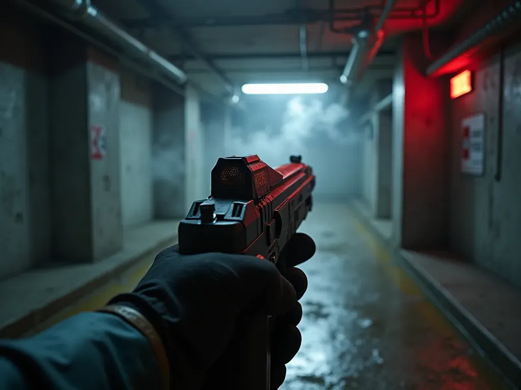 A first-person perspective view of a futuristic sci-fi weapon held in gloved hands inside a dimly lit concrete bunker with steam rising from vents and red emergency lights blinking in the background.