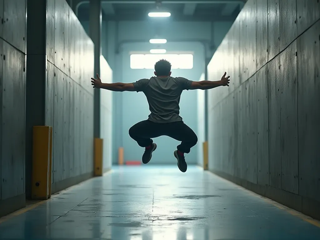 A first-person view of a character mid-air performing a dynamic wall jump between two textured concrete walls in a modern industrial training facility with bright overhead lighting and dust particles floating in the air