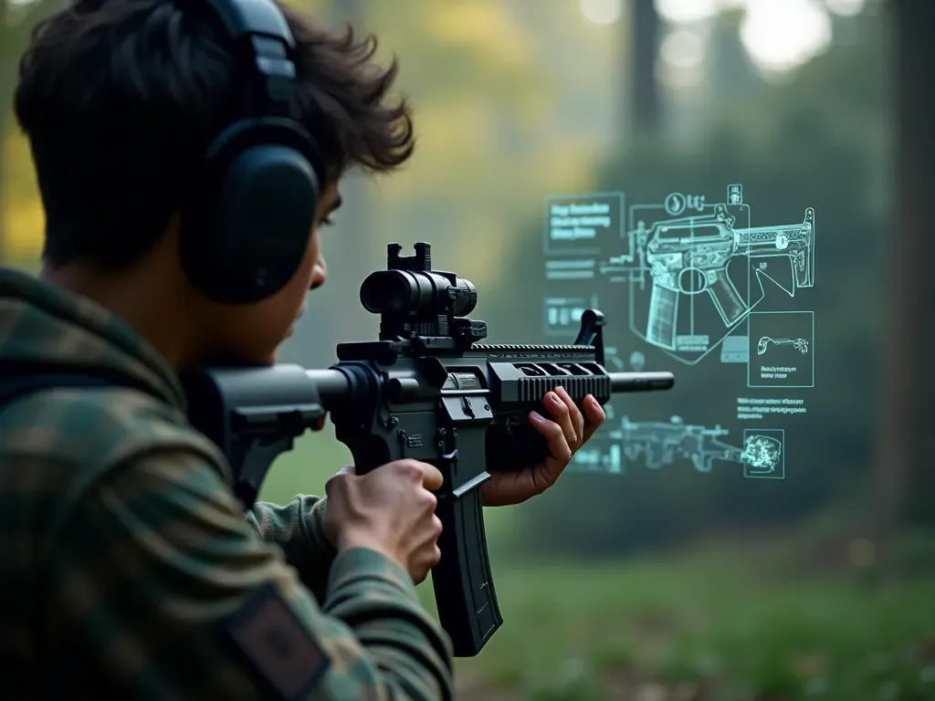 A first-person view of a gamer holding a virtual assault rifle with glowing digital camouflage patterns overlaying the screen indicating strategic weapon customization options