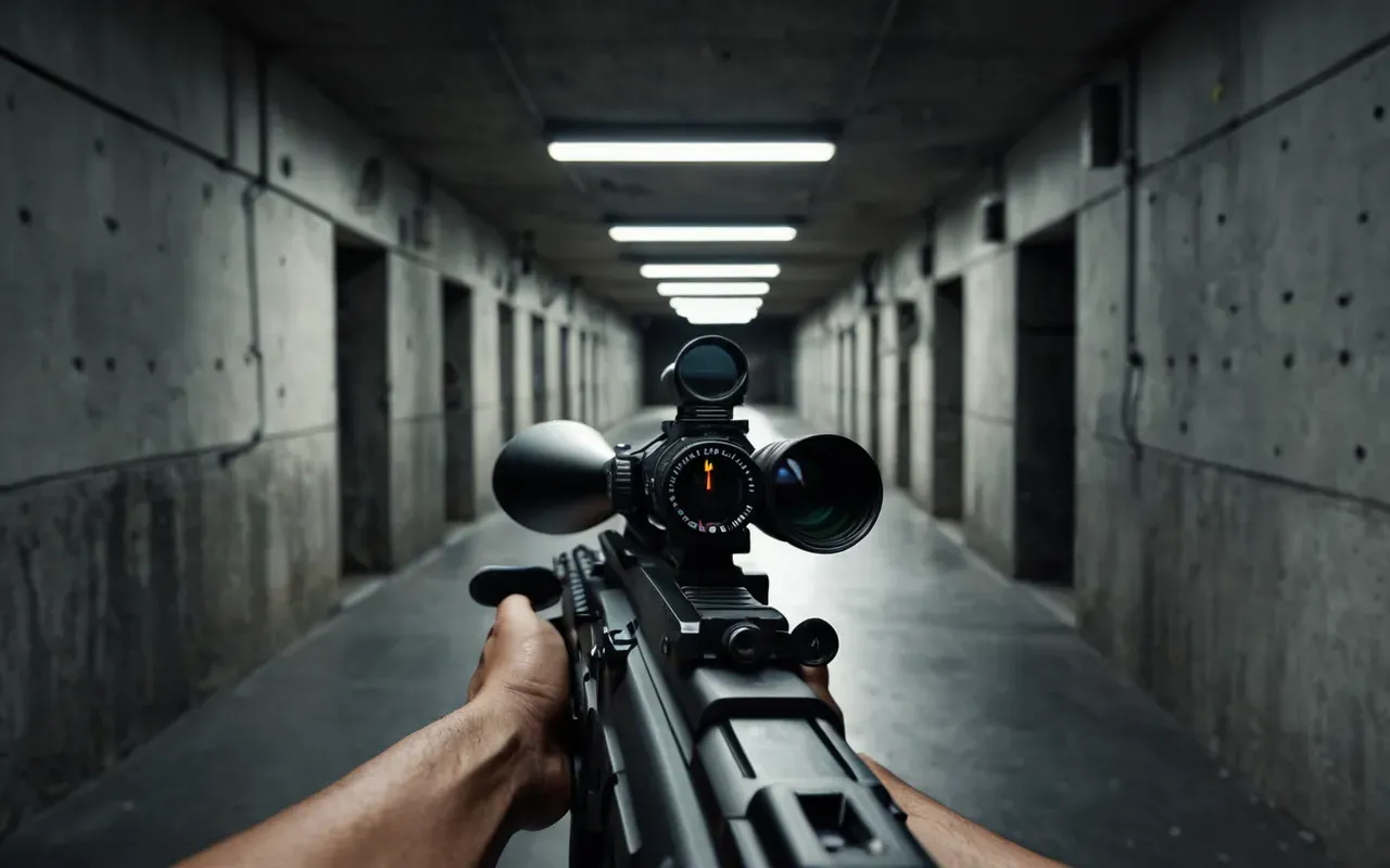 A first-person view of a modern tactical rifle aiming down sights in a dimly lit corridor with industrial pipes and concrete walls.