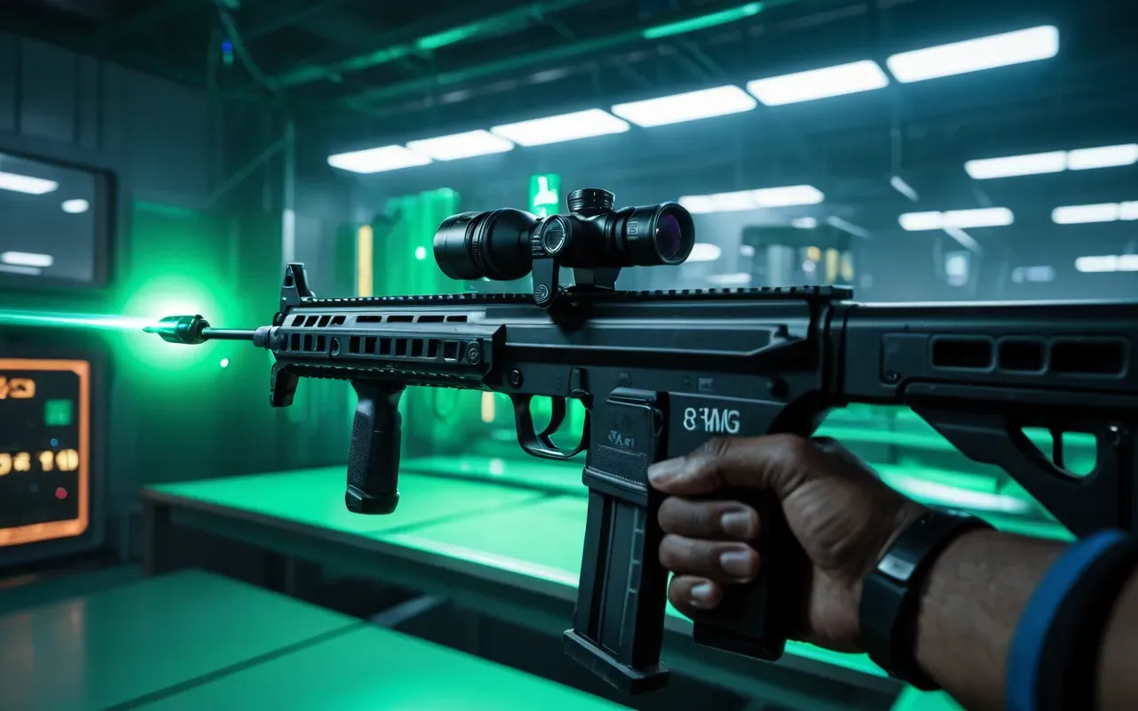 A first-person view of a player aiming an SMG at glowing green Loot Drones hovering in a high-tech laboratory with blue lighting and metallic surfaces.