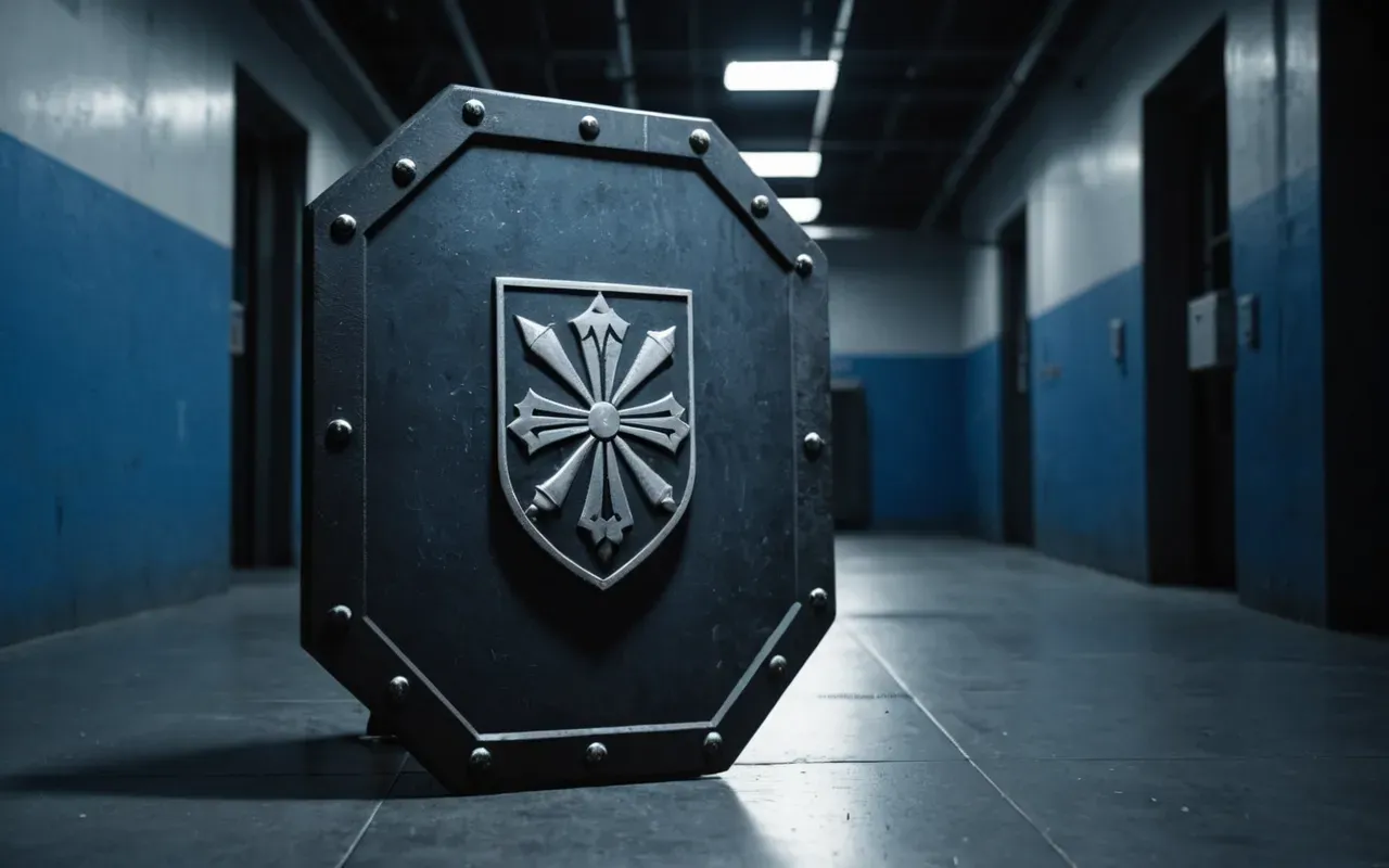 A first person view of a player holding a tactical shield in a modern industrial corridor with dim blue lighting and shadows casting long patterns on the floor.