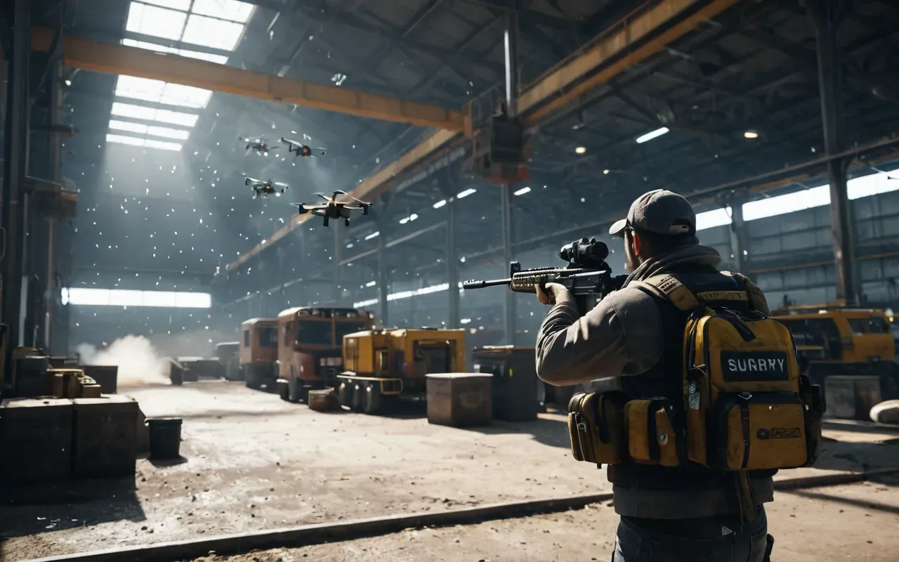 A first-person view of a player holding a submachine gun aiming upwards at several small hovering drones in an industrial factory setting. Dust particles float in the air illuminated by overhead fluorescent lights.