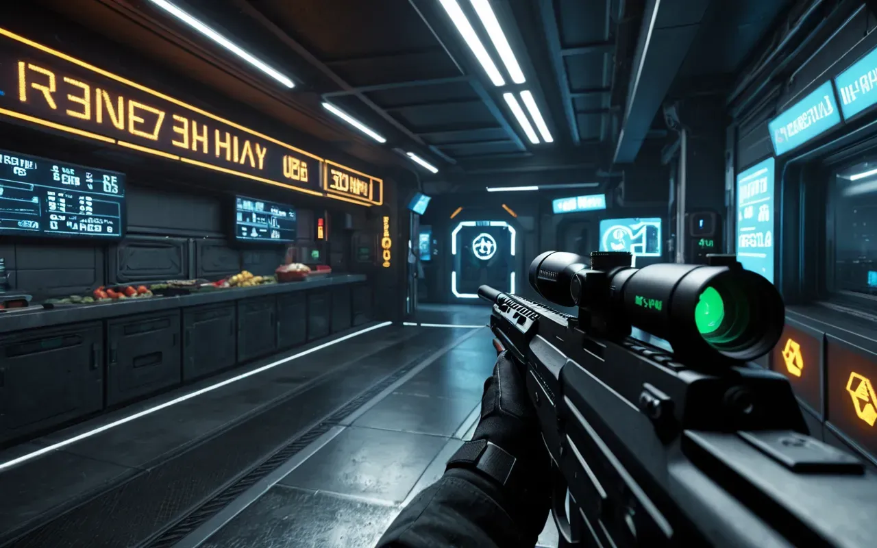 A first person view of a tactical shooter game interface with health bars and ammo counters visible. The scene shows a futuristic urban environment with neon lighting and reflective surfaces.