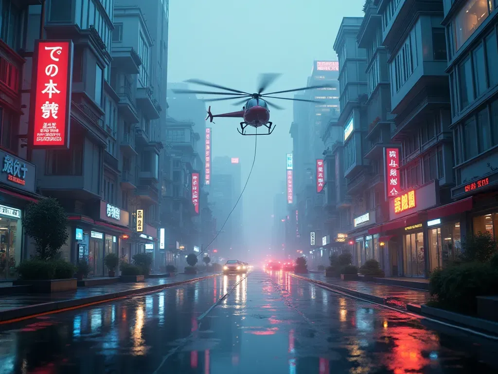 A futuristic cityscape at dusk with neon lights reflecting off wet streets and a helicopter flying low through the hazy air.
