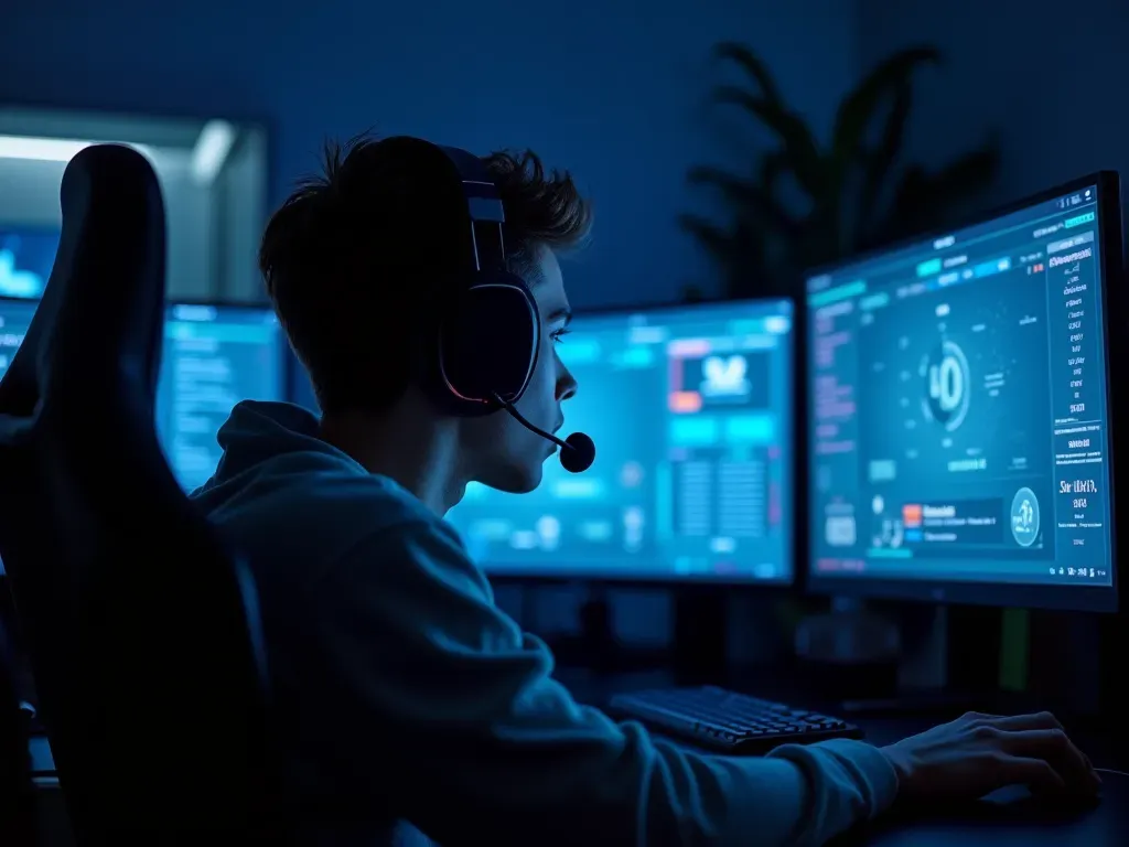 A gamer sitting in a dimly lit room wearing a headset with intense focus illuminated by the blue glow of multiple monitors displaying complex game menus and statistics charts reflecting strategy analysis on screens