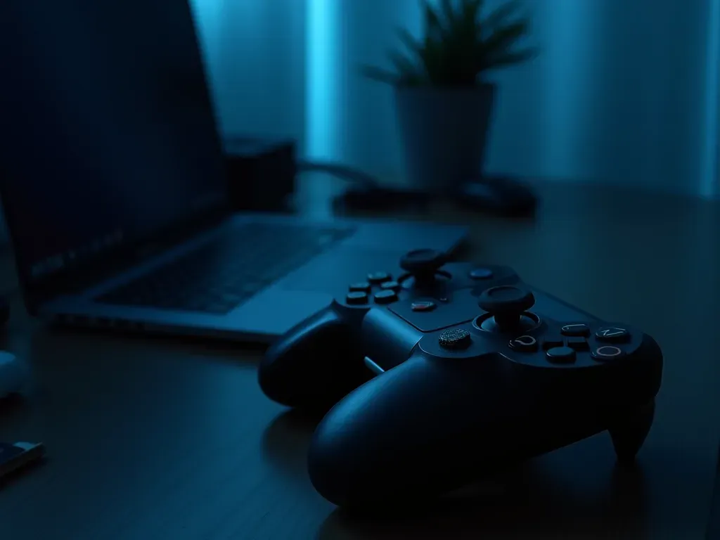 gaming setup mood A gaming controller with worn buttons sitting on a dark desk next to a closed laptop in a dimly lit room with blue ambient lighting and no visible text or screens